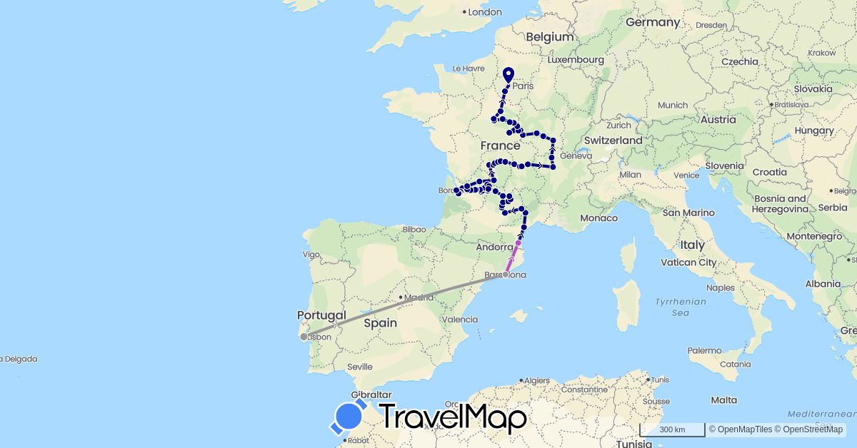 TravelMap itinerary: driving, plane, train in Spain, France, Portugal (Europe)