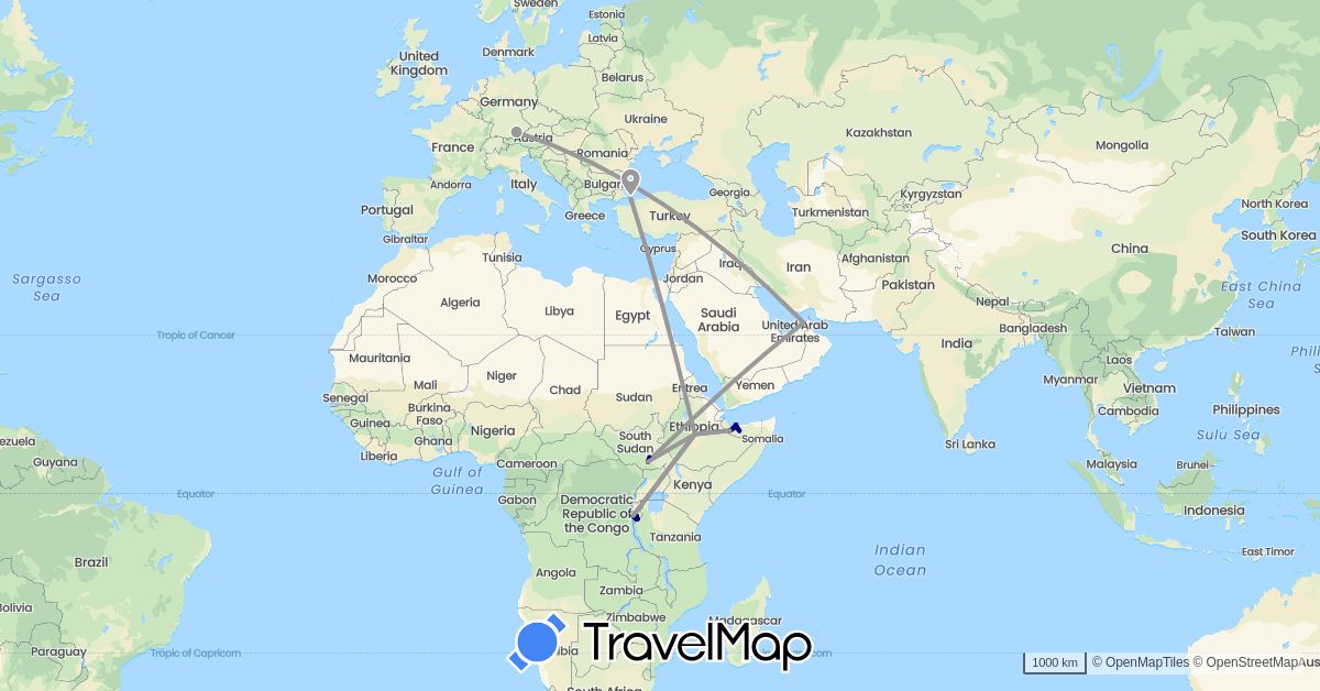 TravelMap itinerary: driving, plane in United Arab Emirates, Burundi, Germany, Ethiopia, Somalia, South Sudan, Turkey (Africa, Asia, Europe)