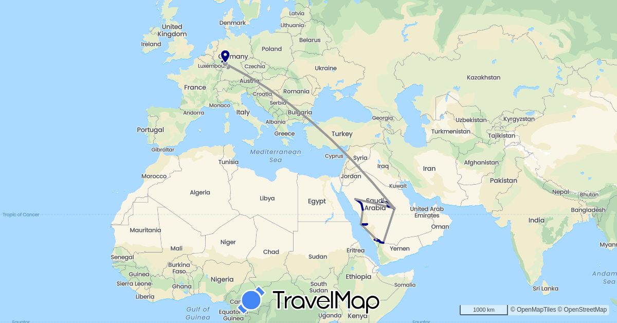 TravelMap itinerary: driving, plane in Germany, Saudi Arabia (Asia, Europe)