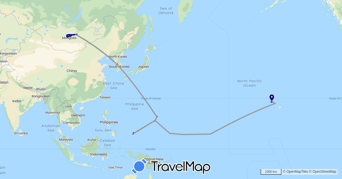 TravelMap itinerary: driving, bus, plane, train, boat in Micronesia, South Korea, Marshall Islands, Mongolia, Palau, United States (Asia, North America, Oceania)