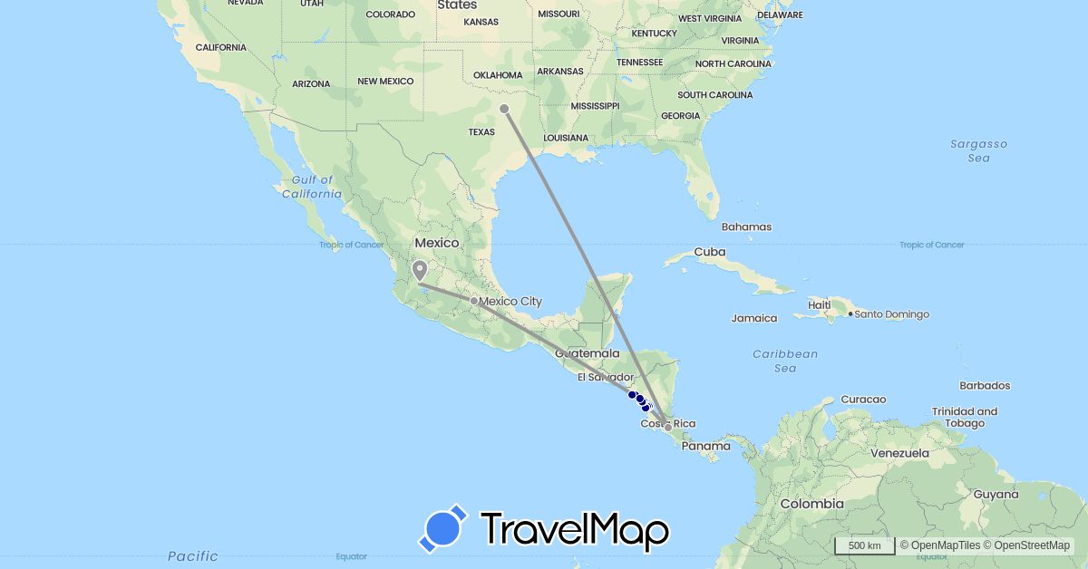 TravelMap itinerary: driving, plane, boat in Costa Rica, Mexico, Nicaragua, United States (North America)