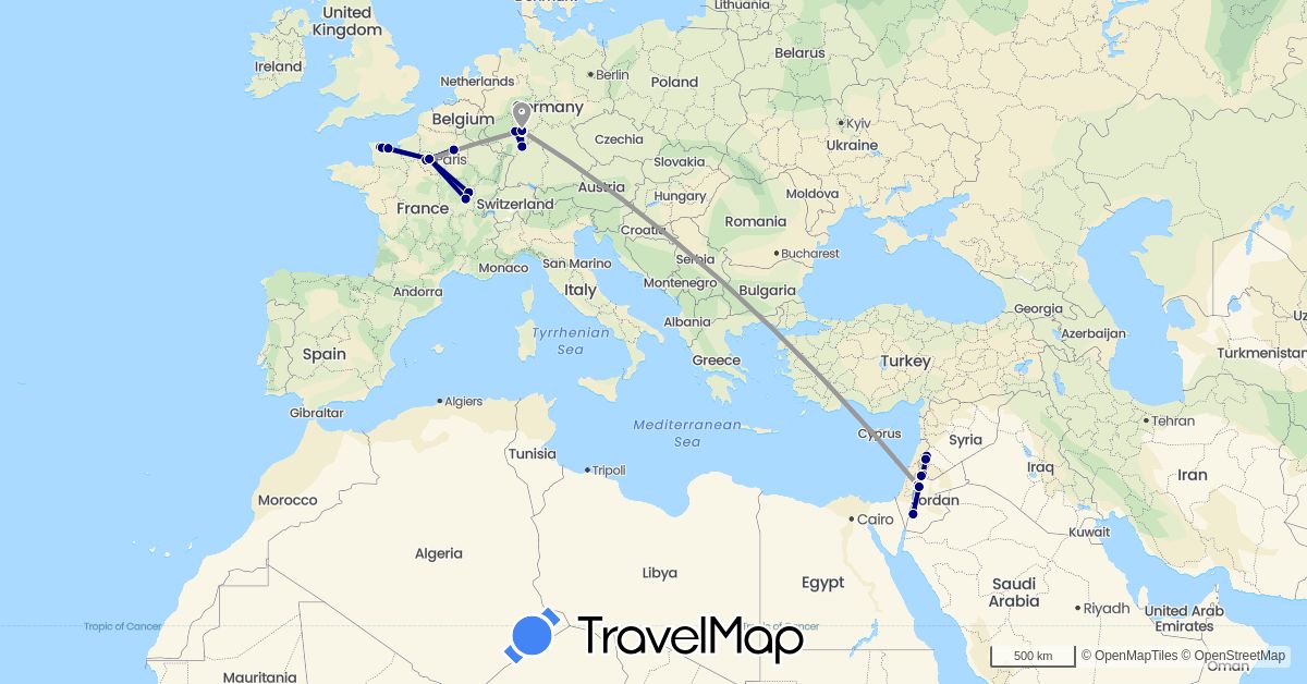 TravelMap itinerary: driving, plane in Germany, France, Jordan, Syria (Asia, Europe)