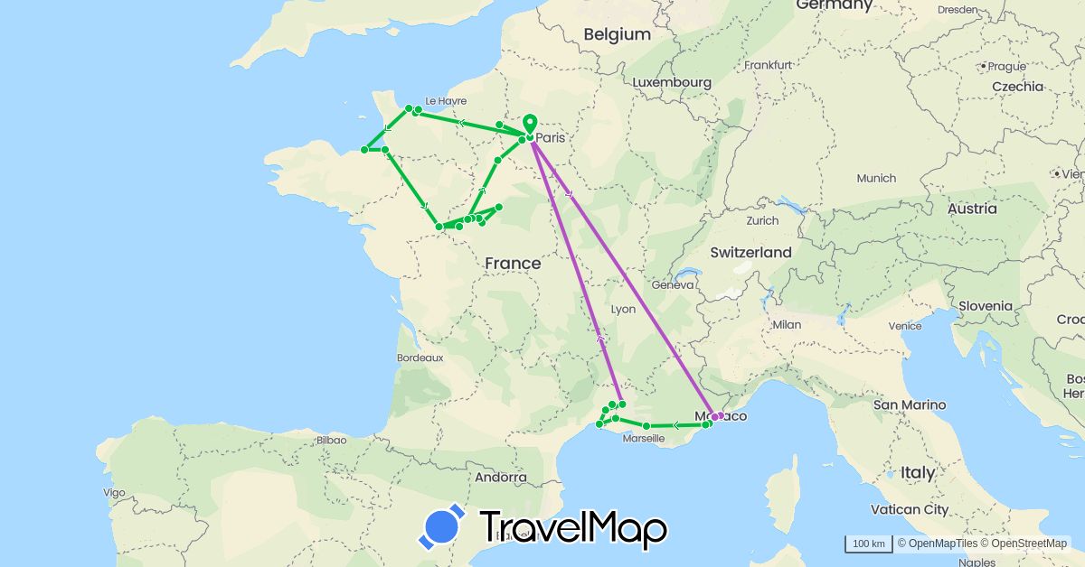 TravelMap itinerary: driving, bus, train in France, Monaco (Europe)