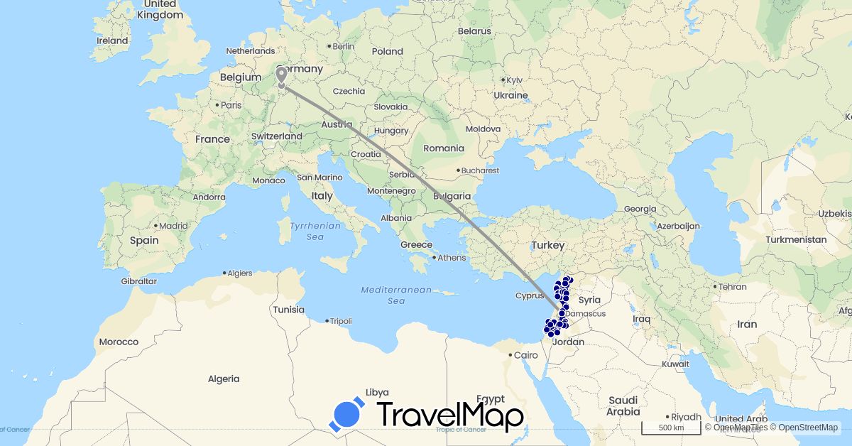 TravelMap itinerary: driving, plane in Germany, Israel, Jordan, Palestinian Territories, Syria (Asia, Europe)