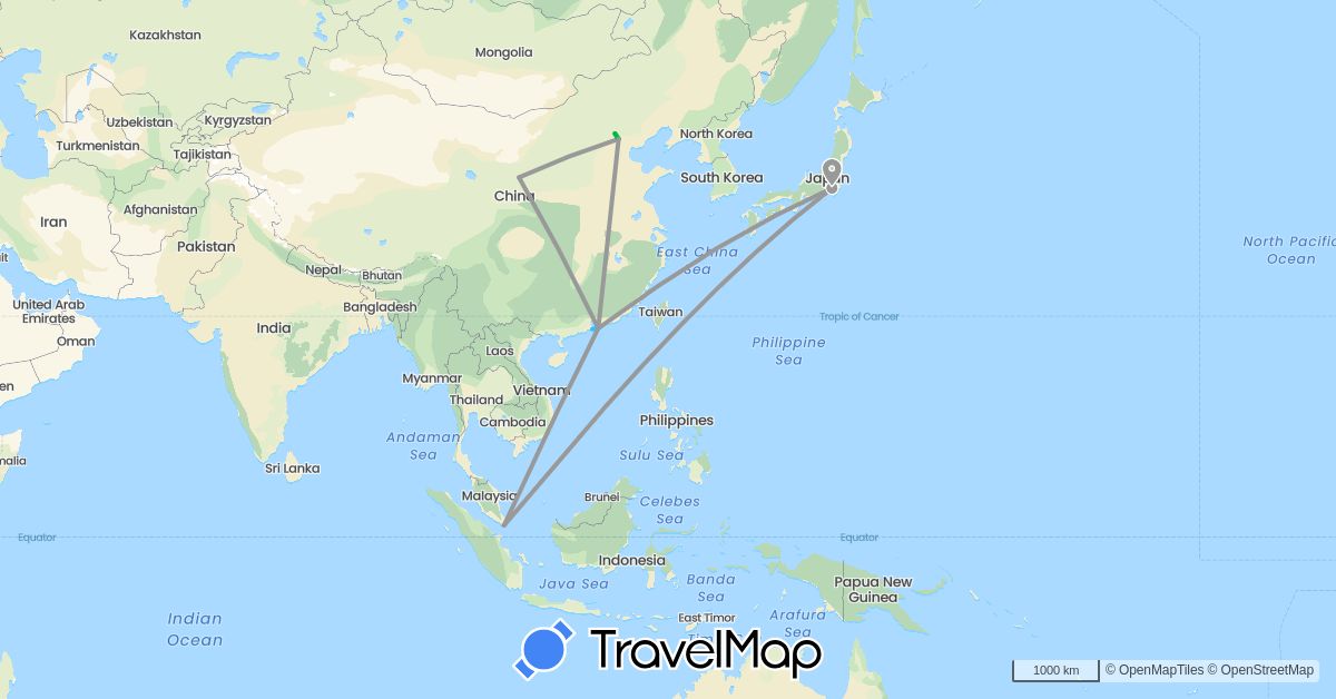 TravelMap itinerary: driving, bus, plane, boat in China, Hong Kong, Japan, Macau, Singapore (Asia)