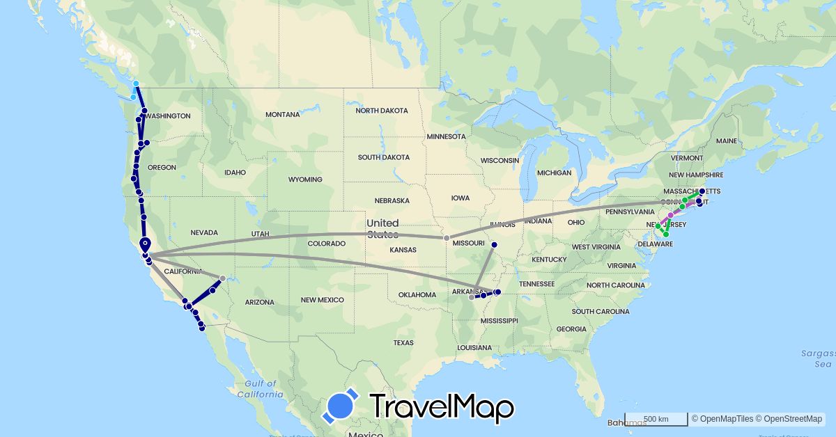 TravelMap itinerary: driving, bus, plane, train, boat in Canada, Mexico, United States (North America)
