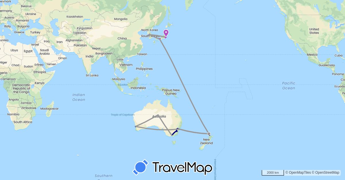 TravelMap itinerary: driving, bus, plane, train in Australia, Japan, South Korea, New Zealand (Asia, Oceania)