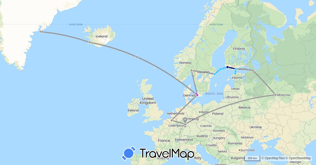 TravelMap itinerary: driving, plane, train, boat in Belgium, Germany, Denmark, Estonia, Finland, Faroe Islands, Greenland, Iceland, Norway, Russia, Sweden (Europe, North America)