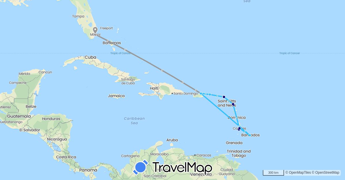 TravelMap itinerary: driving, plane, boat in Antigua and Barbuda, Barbados, France, Saint Lucia, Netherlands, United States (Europe, North America)