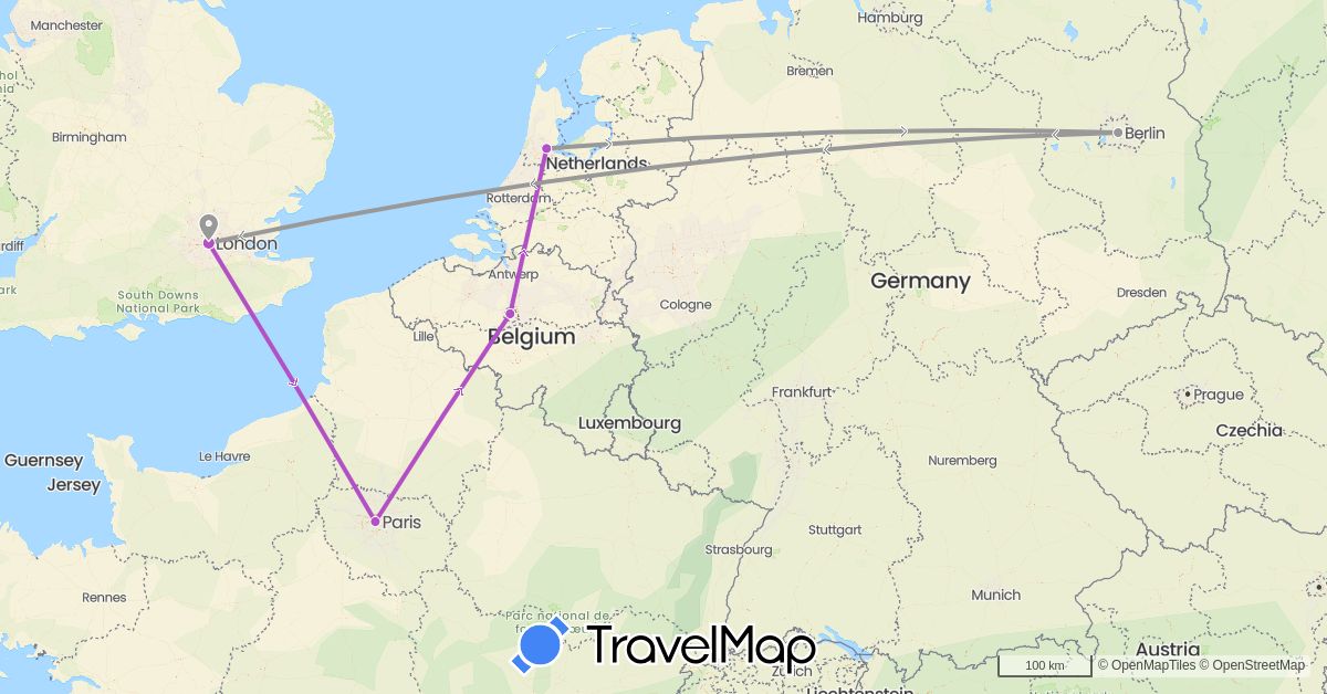 TravelMap itinerary: driving, plane, train in Belgium, Germany, France, United Kingdom, Netherlands (Europe)