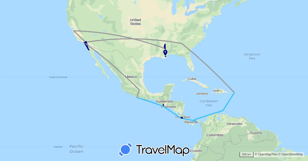TravelMap itinerary: driving, plane, boat in Costa Rica, Guatemala, Mexico, Netherlands, Panama, United States (Europe, North America)