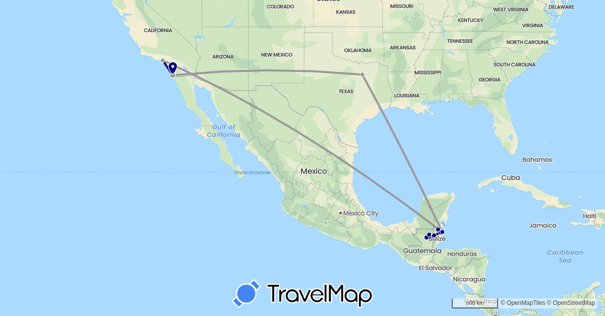 TravelMap itinerary: driving, plane in Belize, Guatemala, United States (North America)