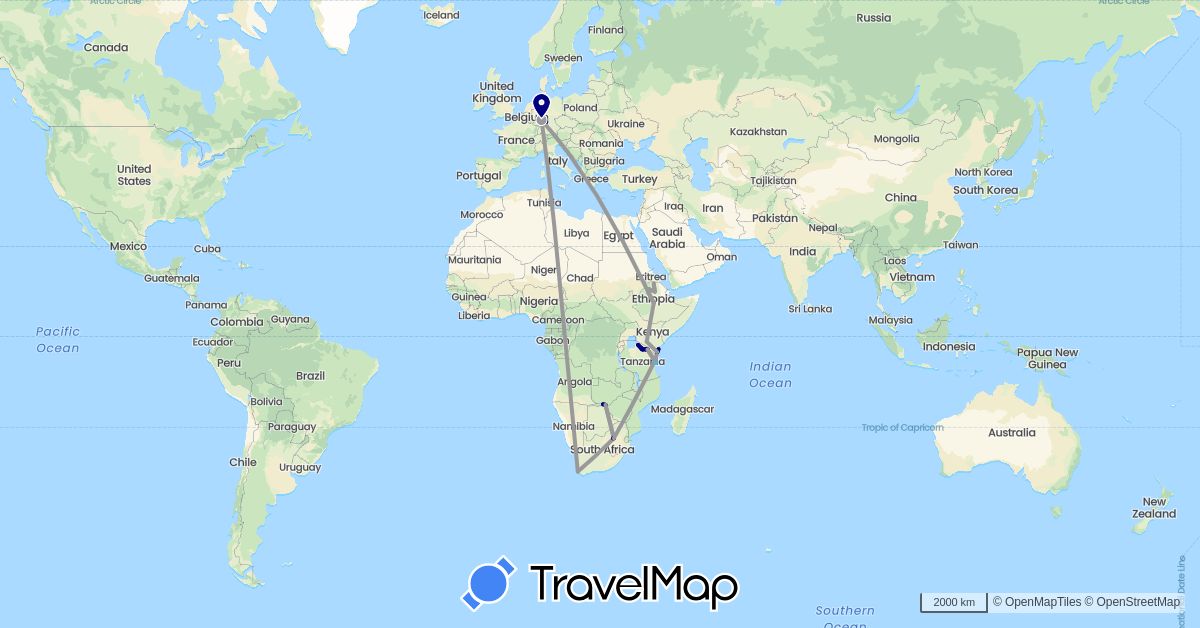 TravelMap itinerary: driving, plane, boat in Botswana, Germany, Ethiopia, Kenya, Tanzania, South Africa, Zambia, Zimbabwe (Africa, Europe)