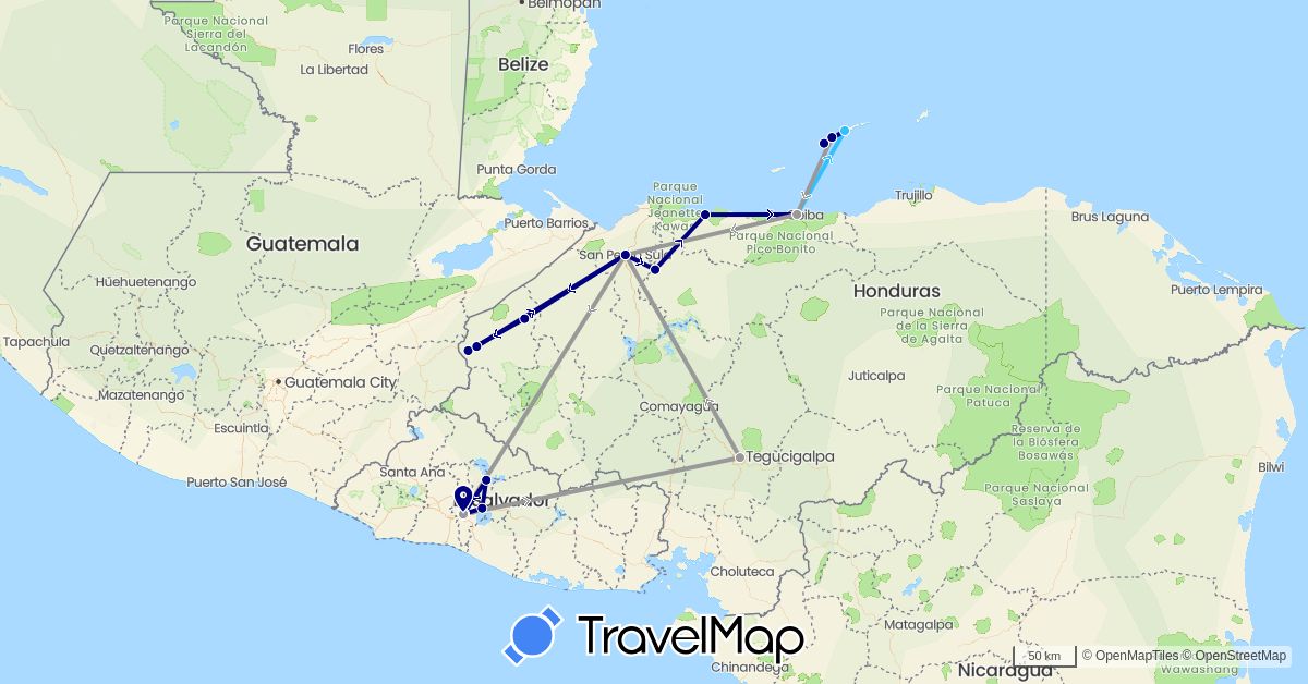 TravelMap itinerary: driving, plane, boat in Honduras, El Salvador (North America)