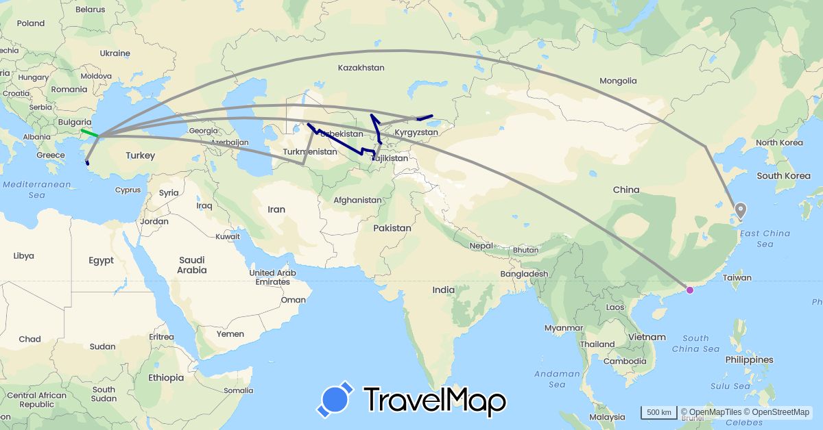TravelMap itinerary: driving, bus, plane, train in China, Hong Kong, Kyrgyzstan, Kazakhstan, Tajikistan, Turkmenistan, Turkey, Uzbekistan (Asia)