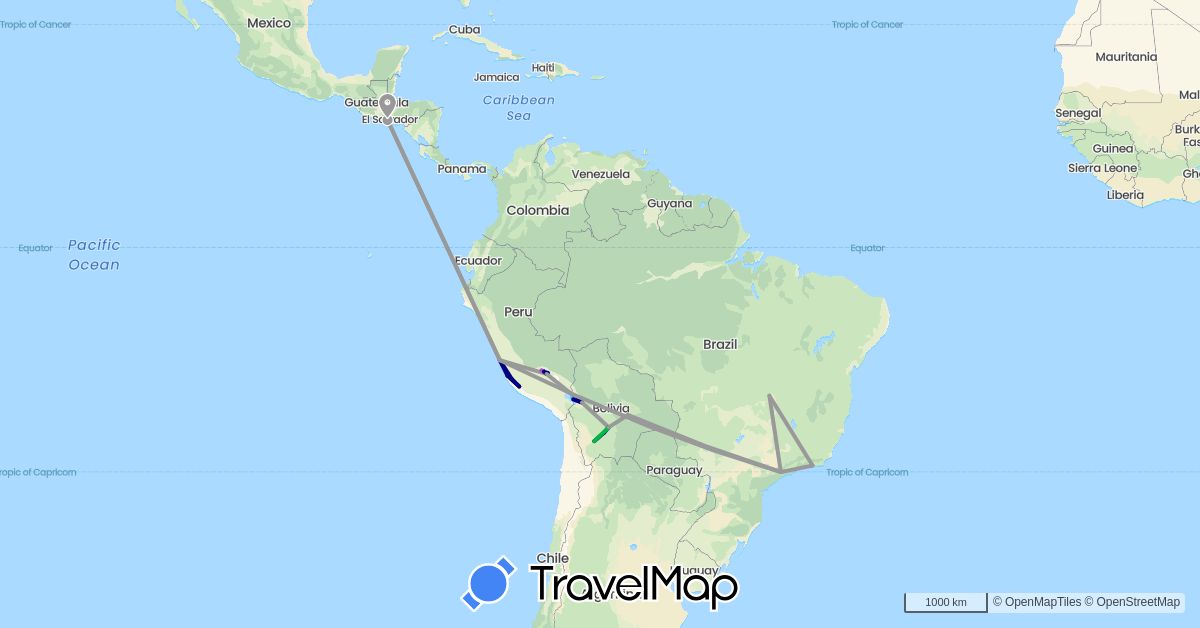 TravelMap itinerary: driving, bus, plane, train, boat in Bolivia, Brazil, Peru, El Salvador (North America, South America)