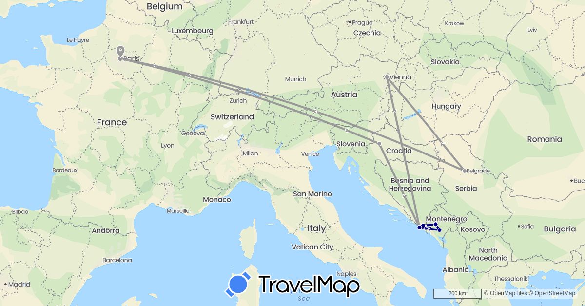 TravelMap itinerary: driving, plane in Austria, Bosnia and Herzegovina, France, Croatia, Montenegro, Serbia (Europe)