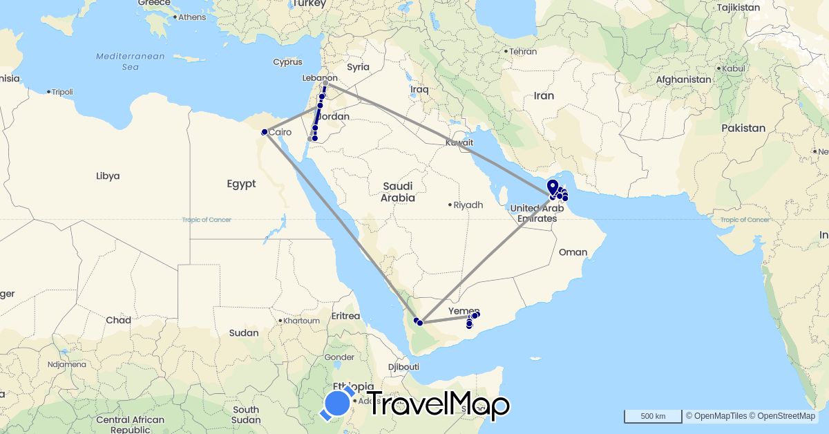 TravelMap itinerary: driving, plane in United Arab Emirates, Egypt, Jordan, Syria, Yemen (Africa, Asia)