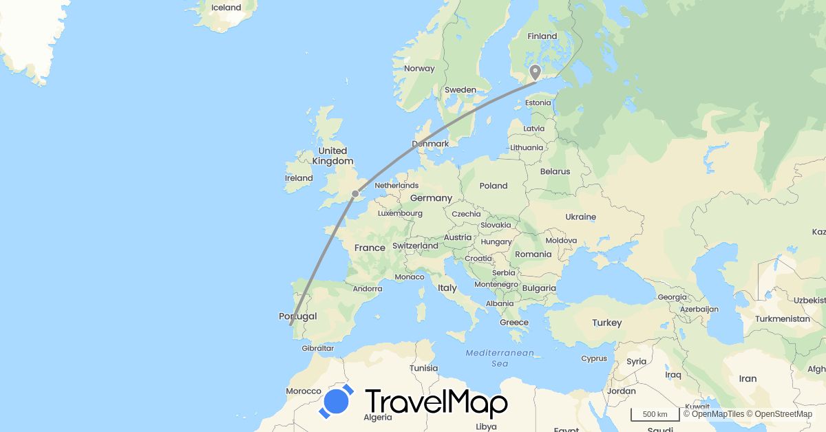 TravelMap itinerary: driving, plane in Finland, United Kingdom, Portugal (Europe)