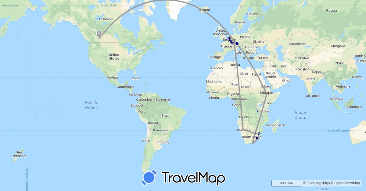 TravelMap itinerary: driving, bus, plane, train in Belgium, Canada, Germany, Ethiopia, France, Lesotho, Luxembourg, Mozambique, Namibia, Netherlands, Swaziland, South Africa (Africa, Europe, North America)