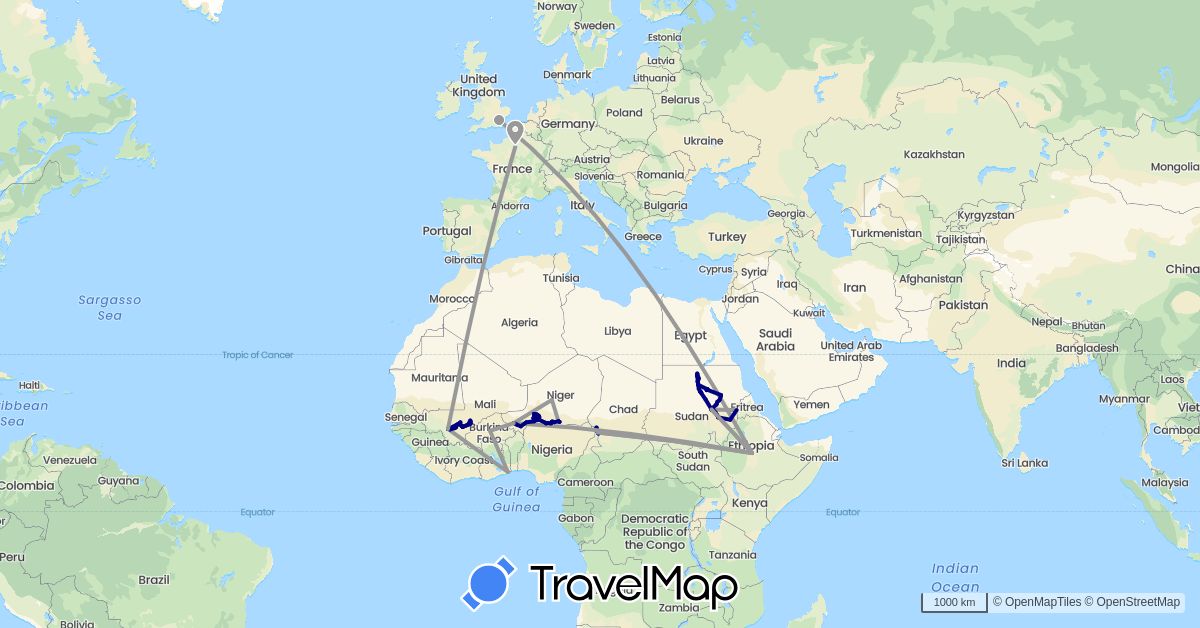 TravelMap itinerary: driving, plane, boat in Burkina Faso, Ethiopia, France, United Kingdom, Mali, Niger, Sudan, Chad, Togo (Africa, Europe)