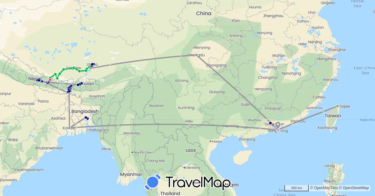 TravelMap itinerary: driving, bus, plane, train, hiking in Bangladesh, Bhutan, China, India, Nepal, Taiwan (Asia)