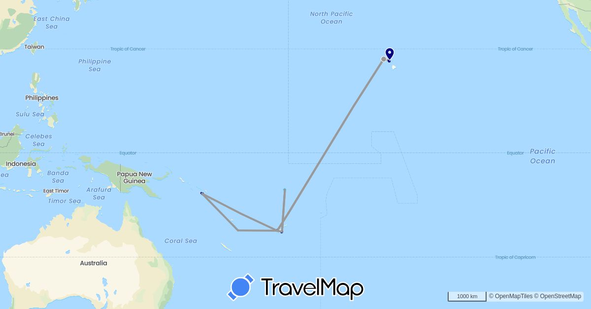 TravelMap itinerary: driving, plane, boat in Fiji, Solomon Islands, Tuvalu, United States, Vanuatu (North America, Oceania)