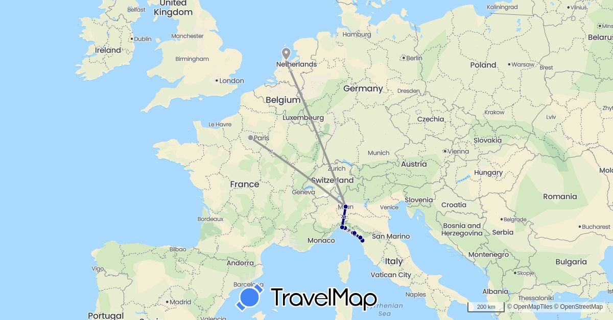 TravelMap itinerary: driving, plane, train in France, Italy, Netherlands (Europe)