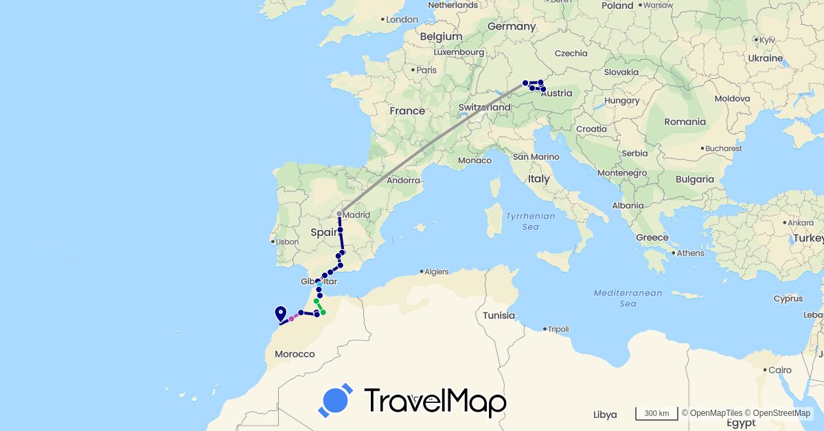 TravelMap itinerary: driving, bus, plane, train, hiking, boat in Austria, Germany, Spain, Gibraltar, Morocco (Africa, Europe)