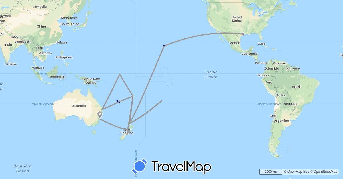 TravelMap itinerary: driving, plane in Australia, Cook Islands, Fiji, New Caledonia, Nauru, New Zealand, United States (North America, Oceania)