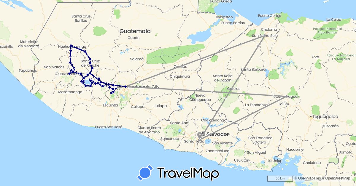 TravelMap itinerary: driving, plane in Guatemala, Honduras, El Salvador (North America)