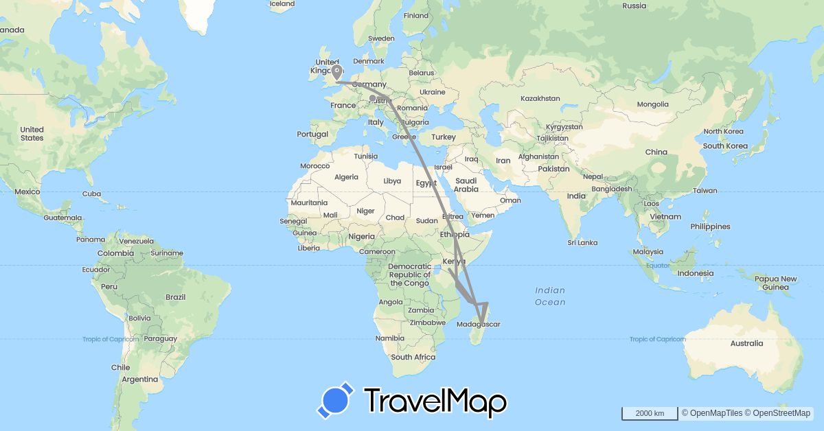 TravelMap itinerary: driving, plane, boat in Austria, Germany, Ethiopia, France, United Kingdom, Kenya, Comoros, Madagascar, Tanzania (Africa, Europe)