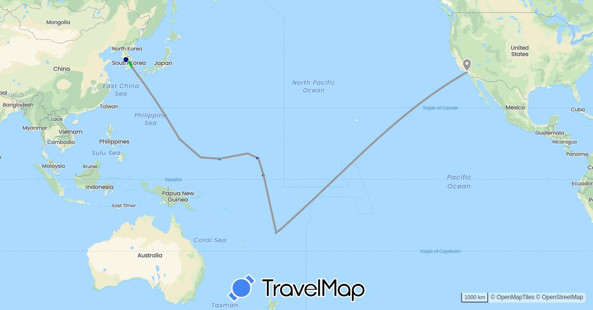 TravelMap itinerary: driving, bus, plane, train, boat in Fiji, Micronesia, Kiribati, South Korea, Marshall Islands, United States (Asia, North America, Oceania)