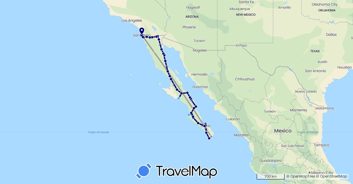 TravelMap itinerary: driving, plane, boat in Mexico, United States (North America)